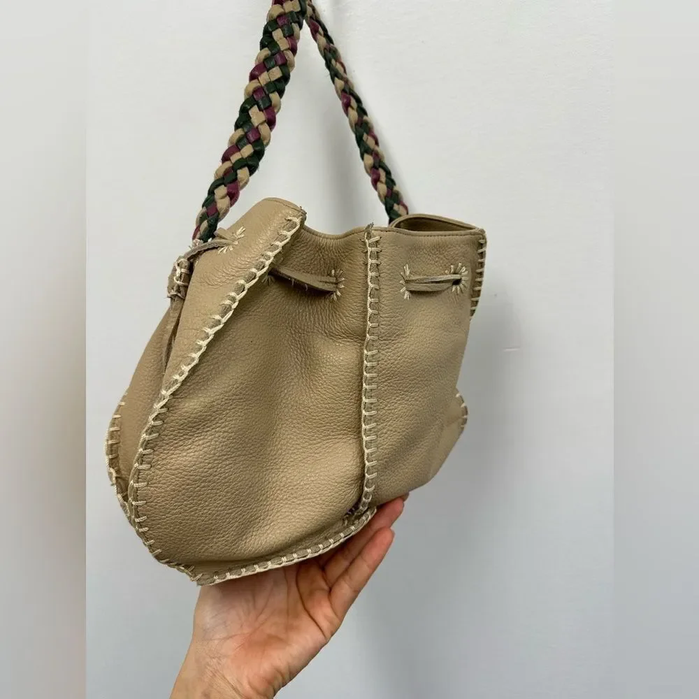 Valerie Steven’s Beige Leather Small Bucket Shoukder Bag Braided Leather Strap